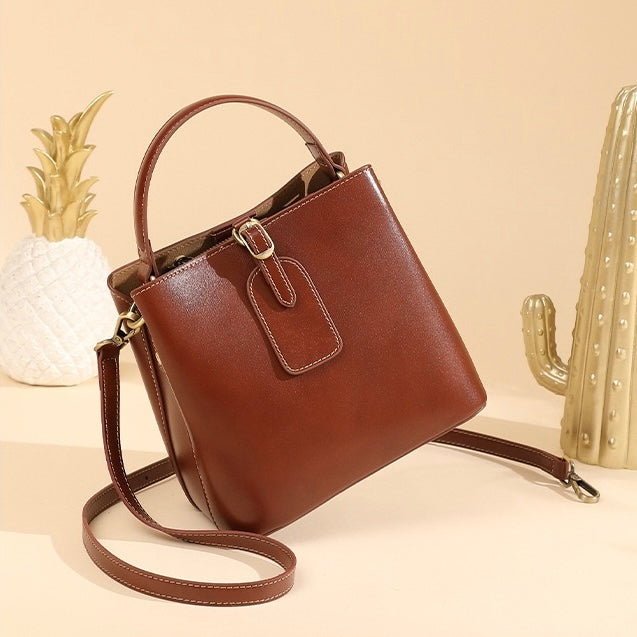 Large Capacity Women's Genuine Leather Bucket Crossbody Handbag