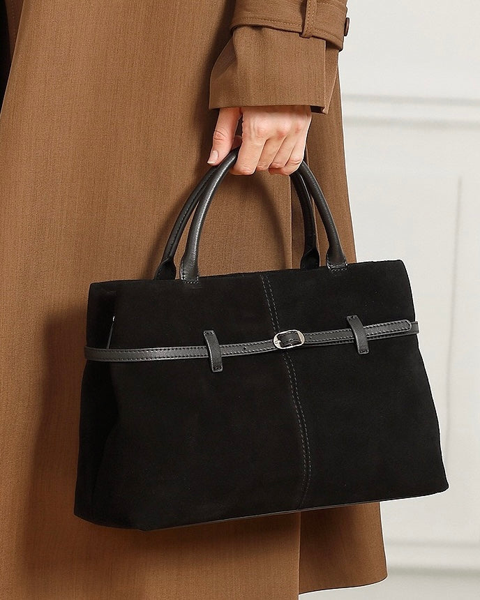 Retro Suede Structured Genuine Leather Tote Bag
