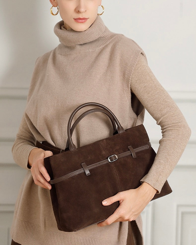 Retro Suede Structured Genuine Leather Tote Bag