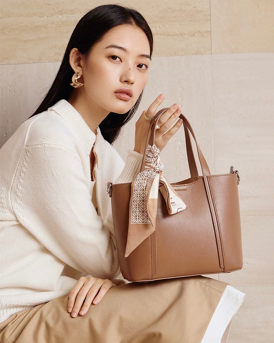 Women's Genuine Leather Handbag with Signature Ribbon Embellishment