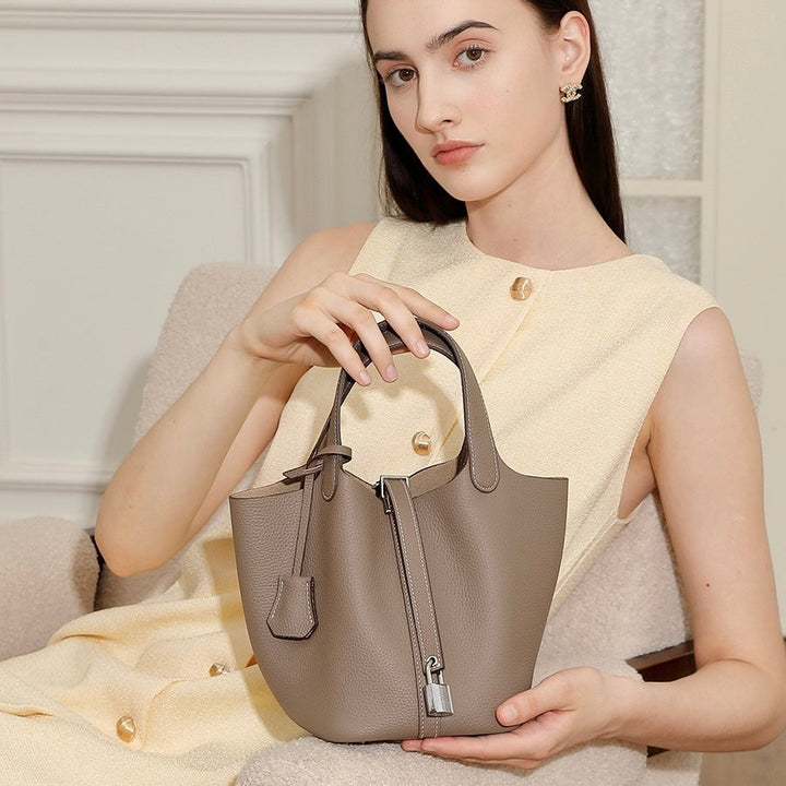 Women's Genuine Leather Silver Buckle Basket Bag