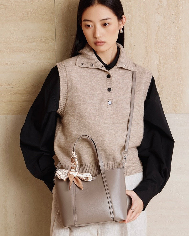 Women's Genuine Leather Handbag with Signature Ribbon Embellishment