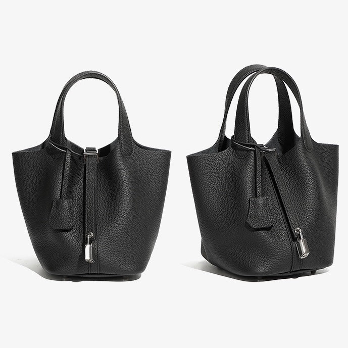 Women's Genuine Leather Silver Buckle Basket Bag