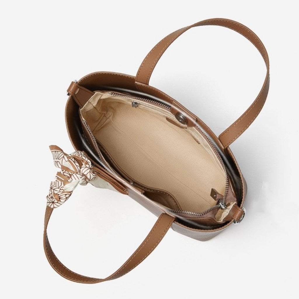 Women's Genuine Leather Handbag with Signature Ribbon Embellishment