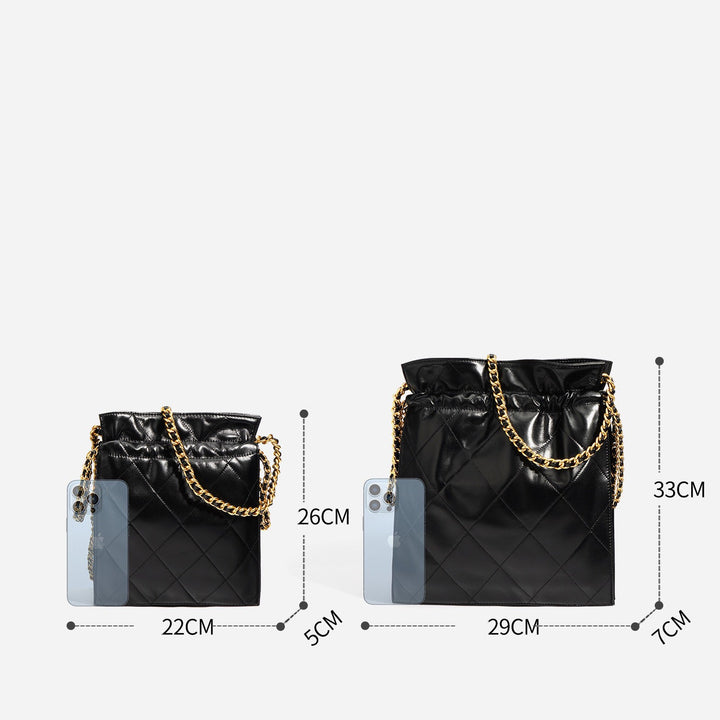 Women’s Genuine Leather Quilted Chain Bucket Bag – Chic Crossbody for Daily Style