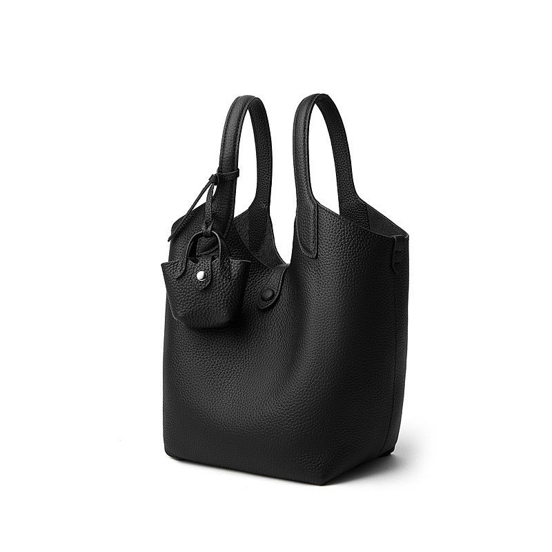 Women's Elegant Pebbled Leather Bucket Bag with Mini Pouch