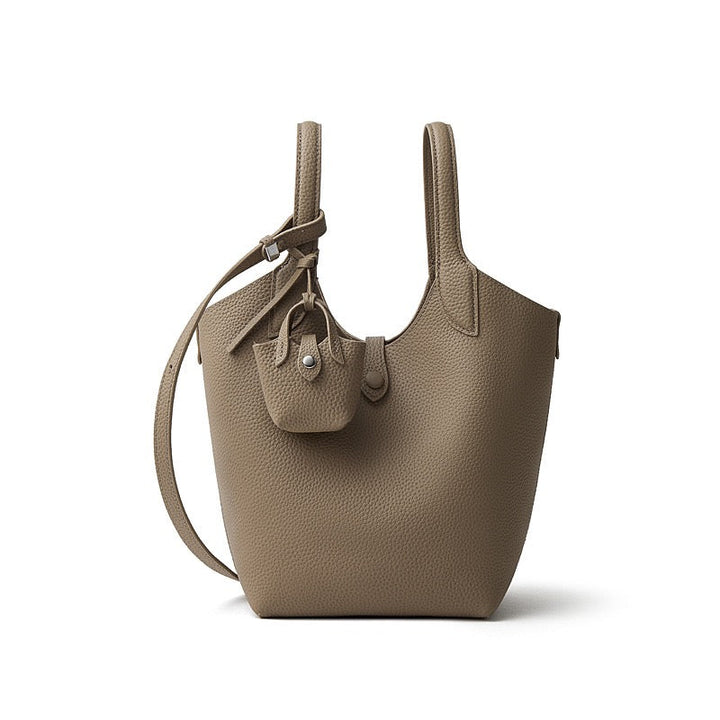 Women's Elegant Pebbled Leather Bucket Bag with Mini Pouch