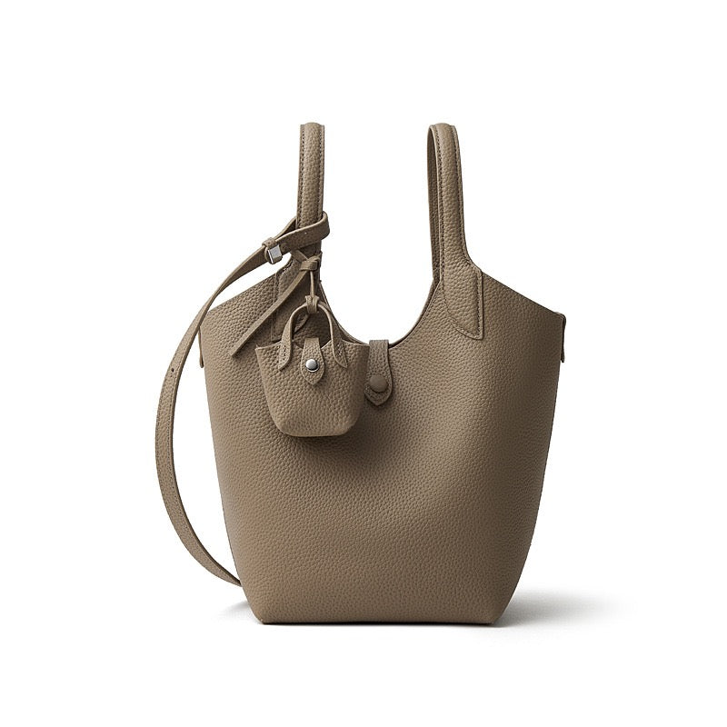 Women's Elegant Pebbled Leather Bucket Bag with Mini Pouch