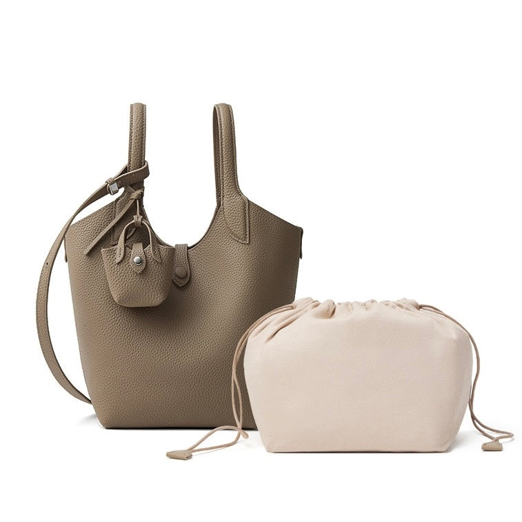 Women's Elegant Pebbled Leather Bucket Bag with Mini Pouch