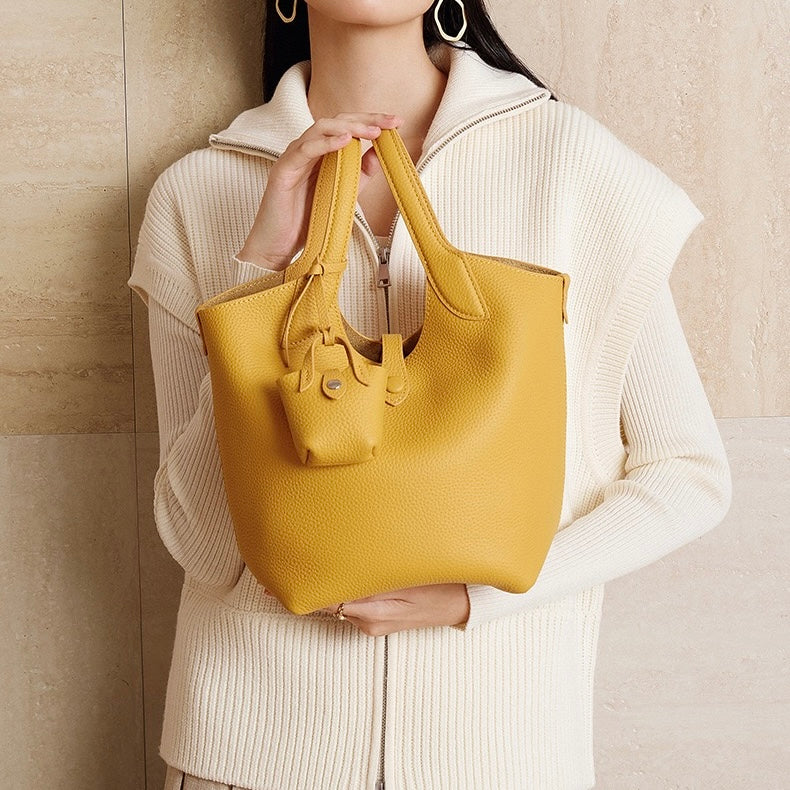 Women's Elegant Pebbled Leather Bucket Bag with Mini Pouch