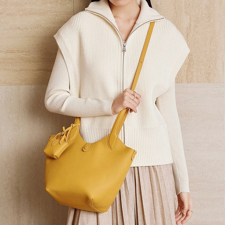Women's Elegant Pebbled Leather Bucket Bag with Mini Pouch