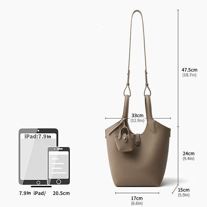 Women's Elegant Pebbled Leather Bucket Bag with Mini Pouch