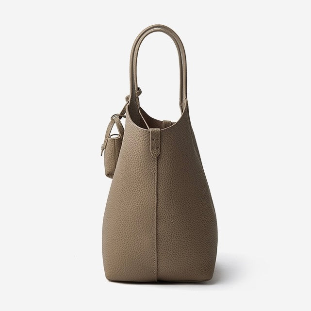 Women's Elegant Pebbled Leather Bucket Bag with Mini Pouch