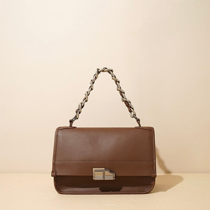 Women’s Genuine Leather Small Square Bag with Double Straps and Single Chain