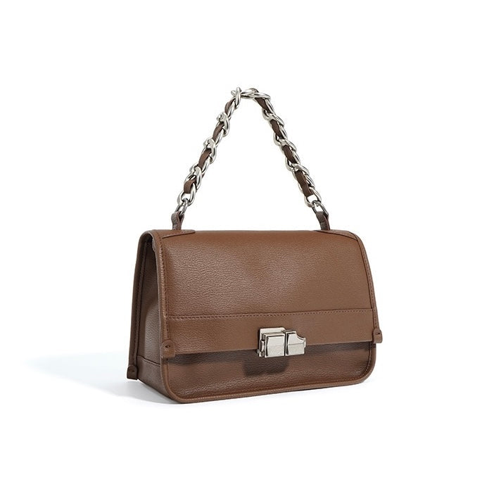 Women’s Genuine Leather Small Square Bag with Double Straps and Single Chain
