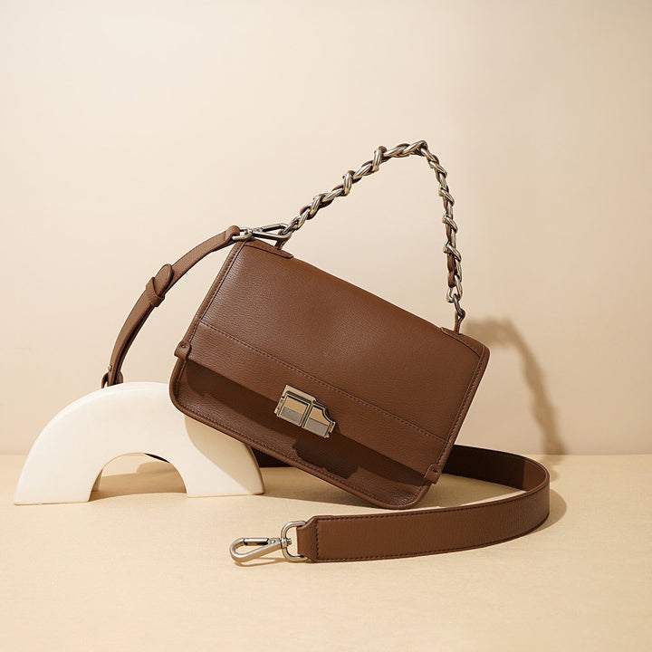 Women’s Genuine Leather Small Square Bag with Double Straps and Single Chain