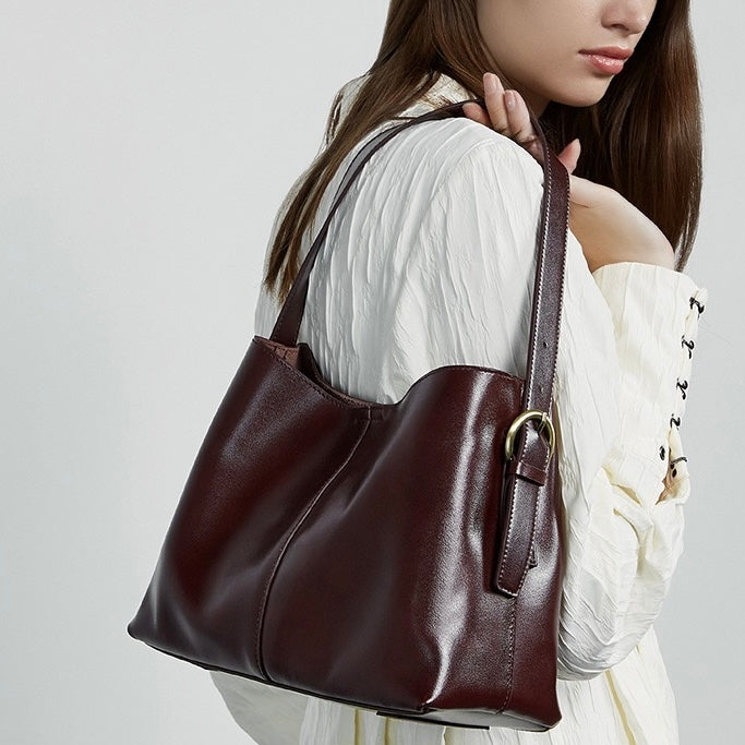 Women’s Genuine Leather Large Tote Shoulder Bag – Vegetable-Tanned Commuter Crossbody