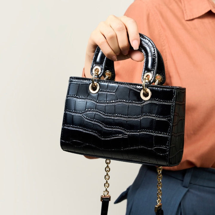 Women’s Genuine Leather Elegant Top-Handle Handbag – Croc Embossed Classic Style