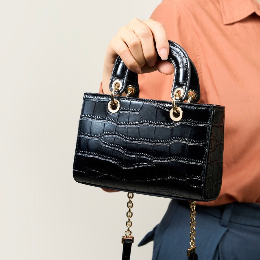 Women’s Genuine Leather Elegant Top-Handle Handbag – Croc Embossed Classic Style