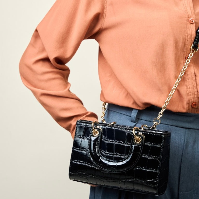 Women’s Genuine Leather Elegant Top-Handle Handbag – Croc Embossed Classic Style