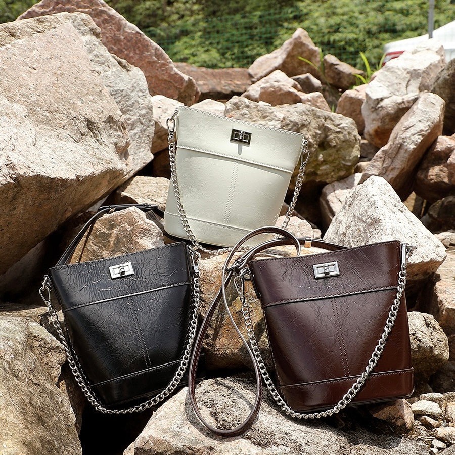 Women's Luxury Waxed Top Grain Leather Bucket Bag