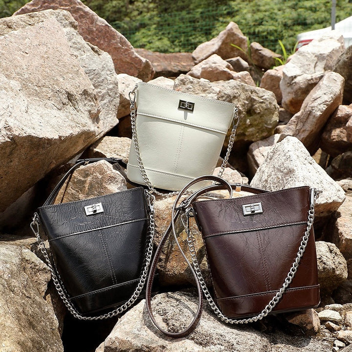 Women's Luxury Waxed Top Grain Leather Bucket Bag