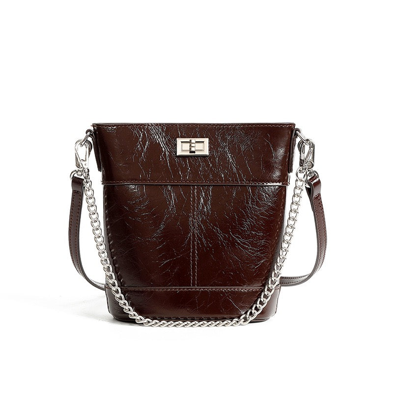 Women's Luxury Waxed Top Grain Leather Bucket Bag