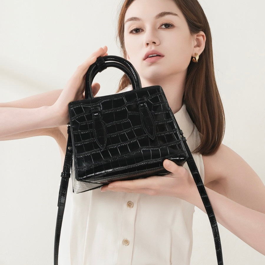Women’s Genuine Leather Top Handle Bag – French Alligator-Texture Square Crossbody