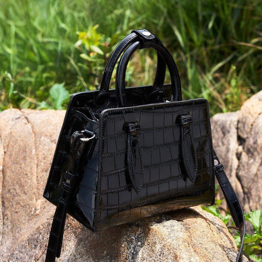 Women’s Genuine Leather Top Handle Bag – French Alligator-Texture Square Crossbody