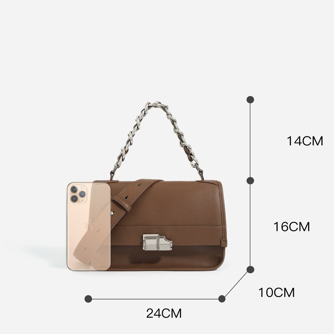 Women’s Genuine Leather Small Square Bag with Double Straps and Single Chain