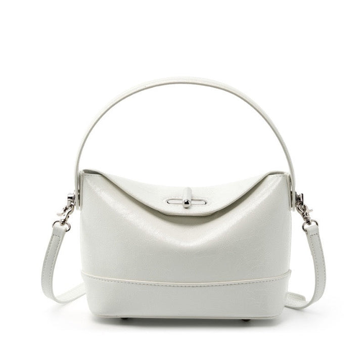 Women’s Genuine Leather Mini Bucket Shoulder Bag – Chic Turn-Lock Crossbody