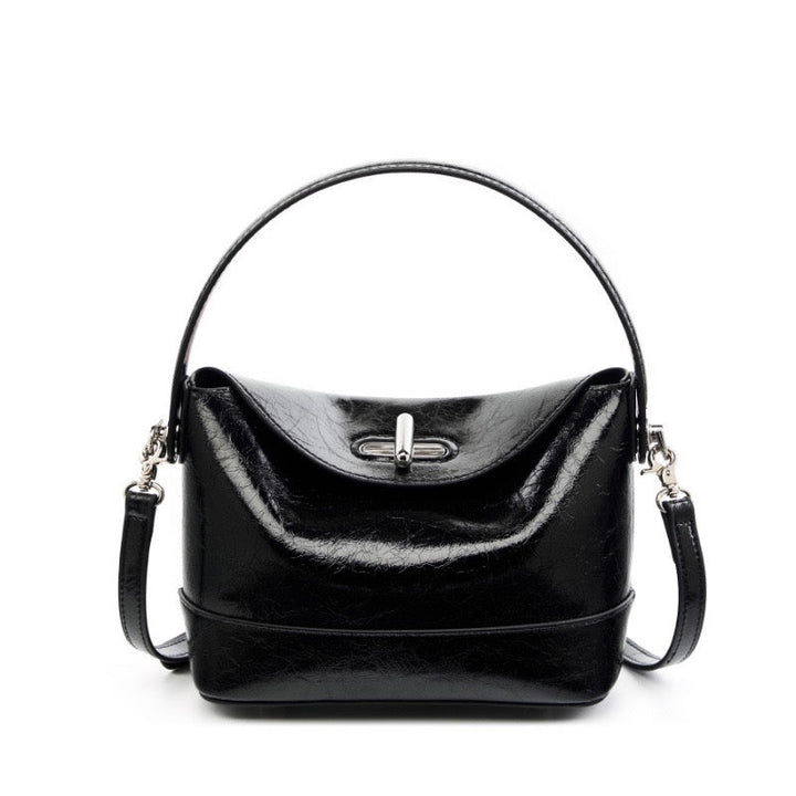 Women’s Genuine Leather Mini Bucket Shoulder Bag – Chic Turn-Lock Crossbody
