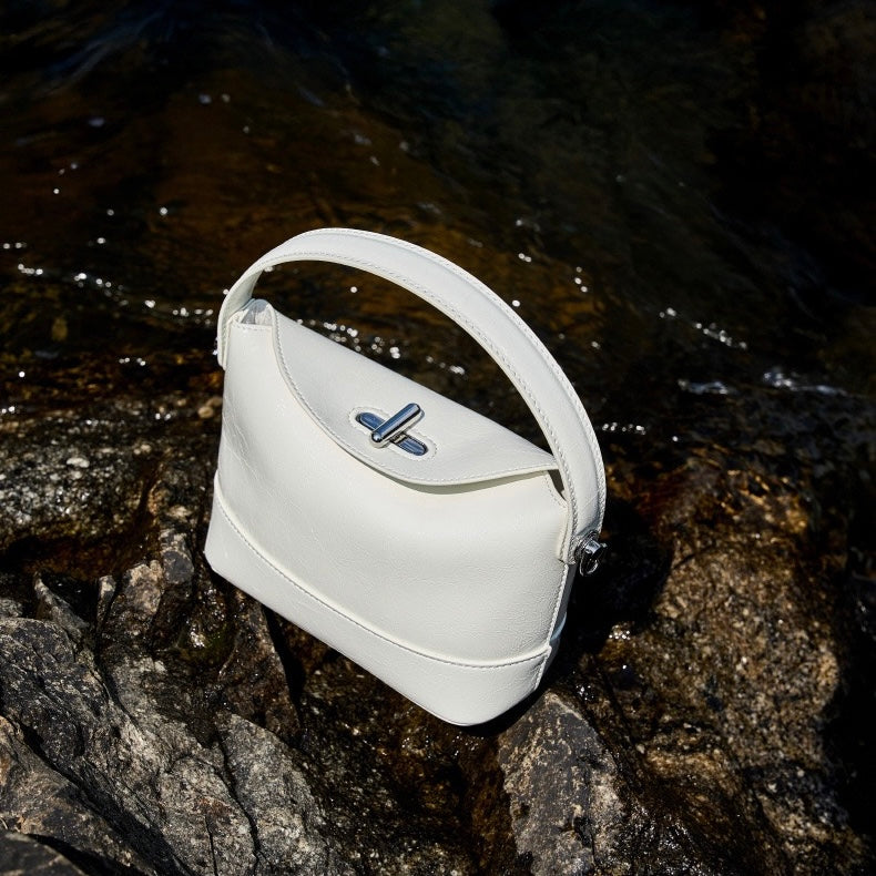 Women’s Genuine Leather Mini Bucket Shoulder Bag – Chic Turn-Lock Crossbody