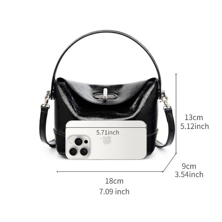 Women’s Genuine Leather Mini Bucket Shoulder Bag – Chic Turn-Lock Crossbody