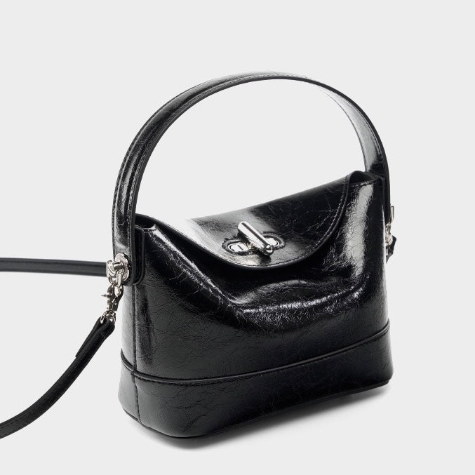 Women’s Genuine Leather Mini Bucket Shoulder Bag – Chic Turn-Lock Crossbody