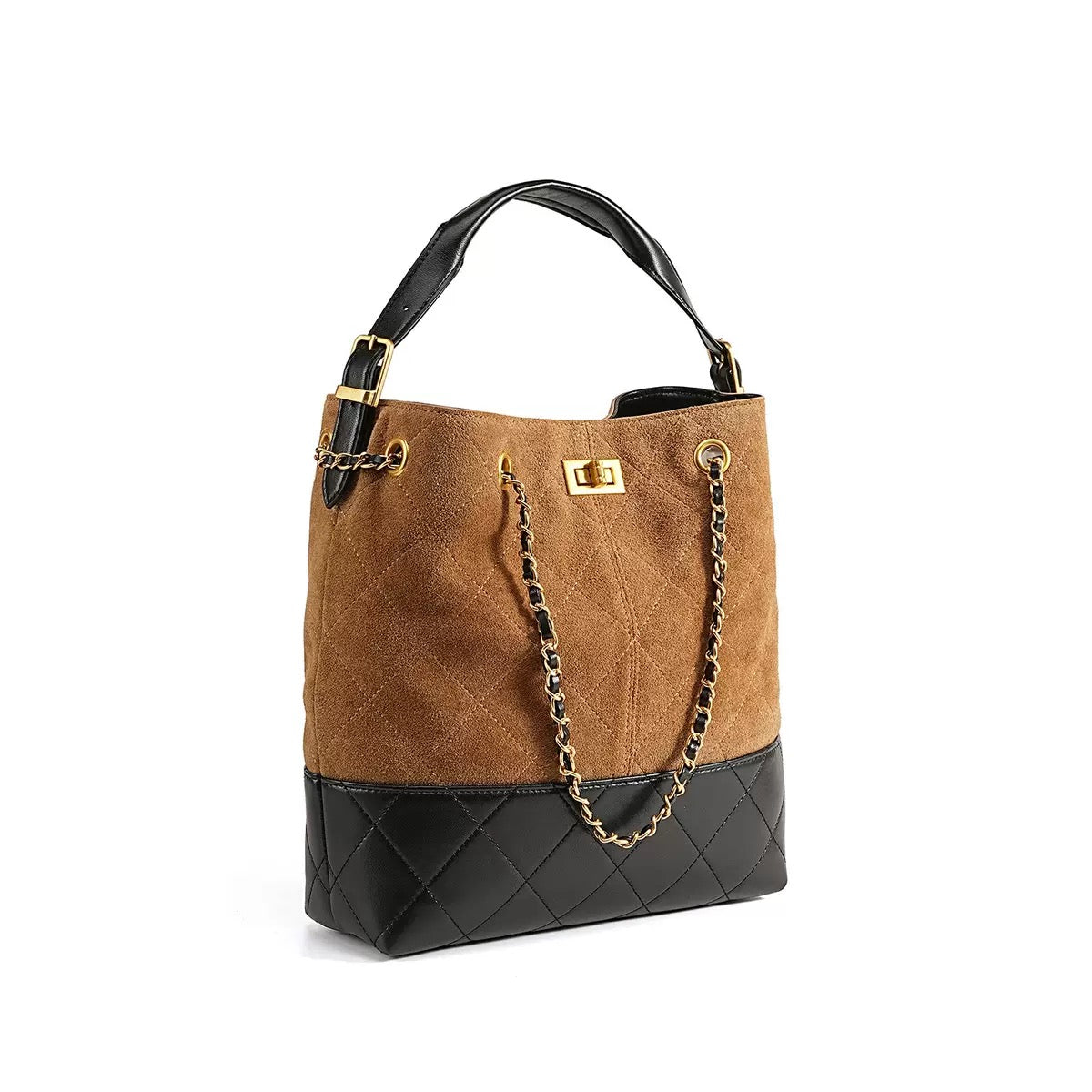 Suede Genuine Leather Color Block Chain Bucket Bag