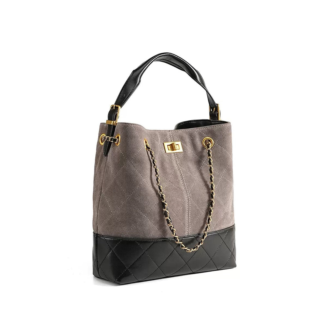Suede Genuine Leather Color Block Chain Bucket Bag