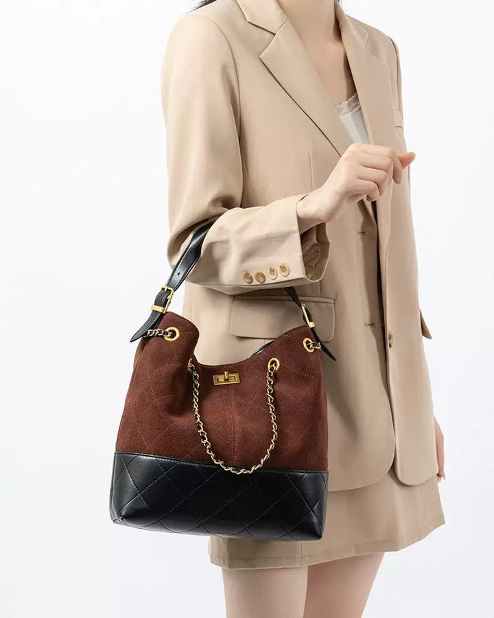 Suede Genuine Leather Color Block Chain Bucket Bag