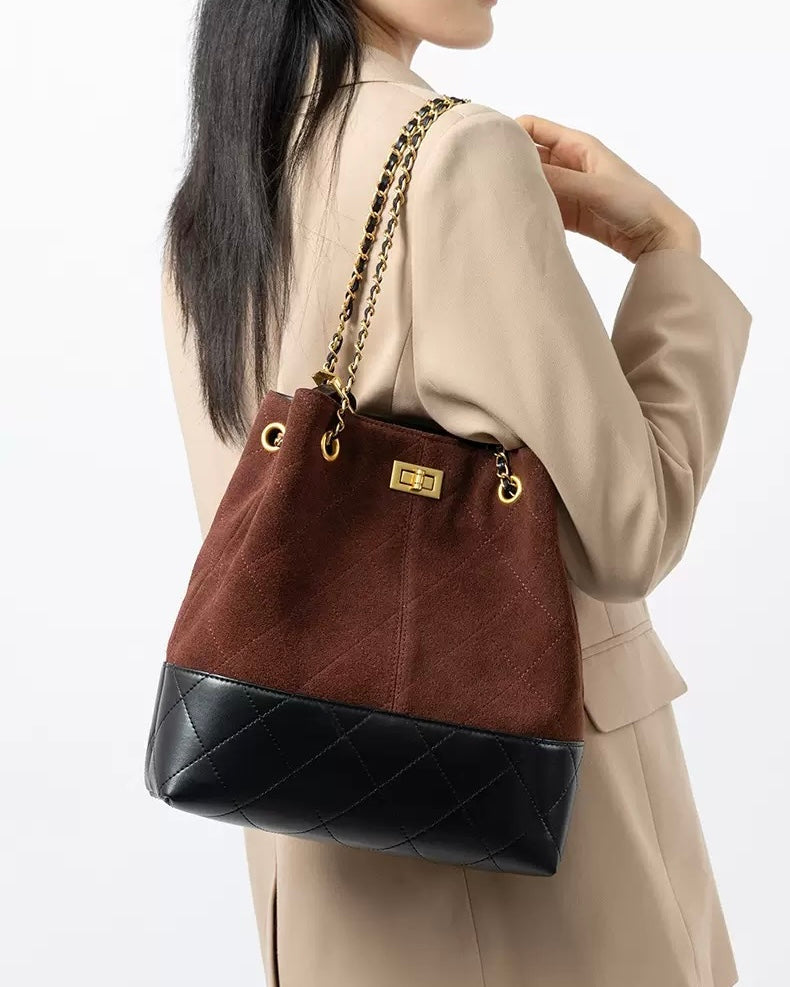 Suede Genuine Leather Color Block Chain Bucket Bag