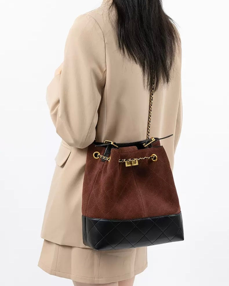 Suede Genuine Leather Color Block Chain Bucket Bag