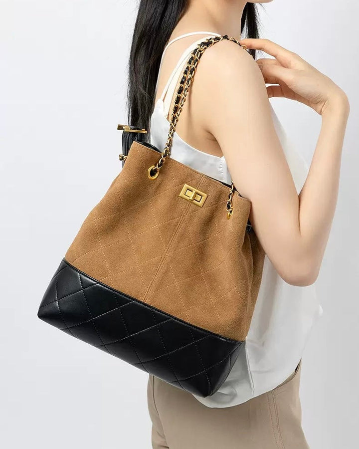 Suede Genuine Leather Color Block Chain Bucket Bag