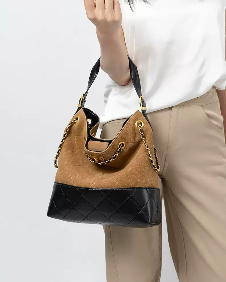 Suede Genuine Leather Color Block Chain Bucket Bag