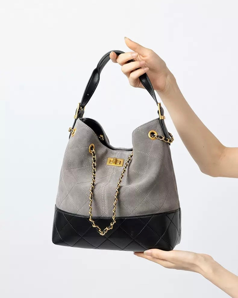 Suede Genuine Leather Color Block Chain Bucket Bag