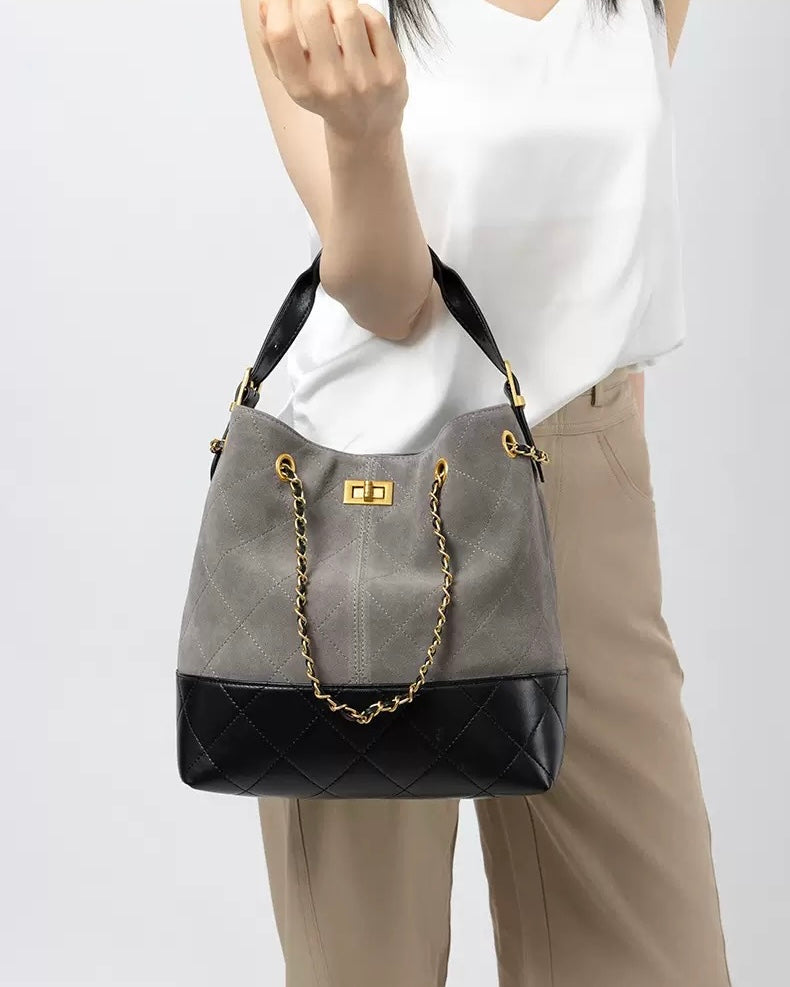 Suede Genuine Leather Color Block Chain Bucket Bag
