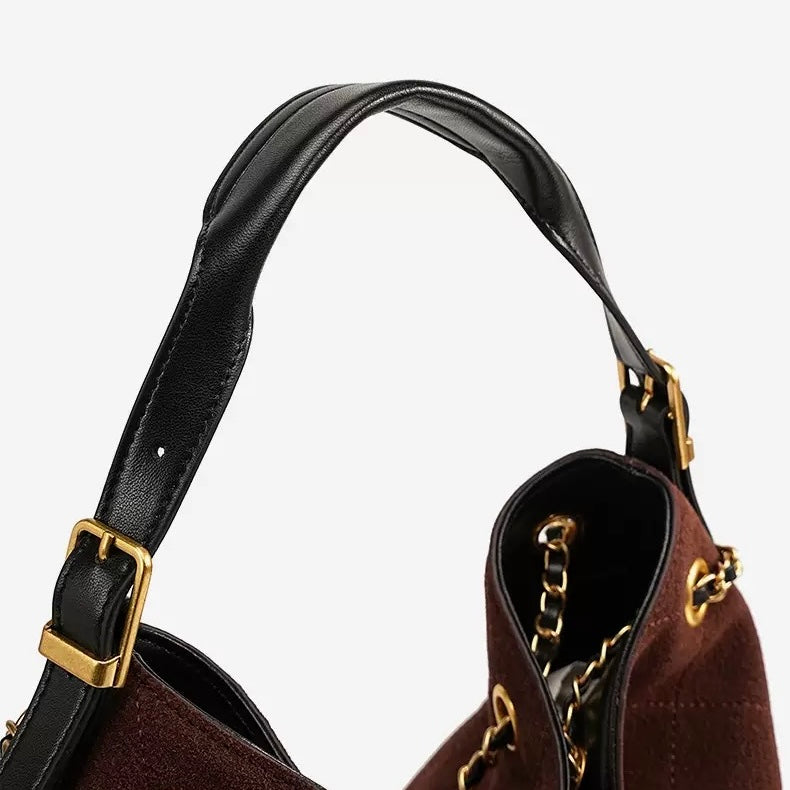 Suede Genuine Leather Color Block Chain Bucket Bag