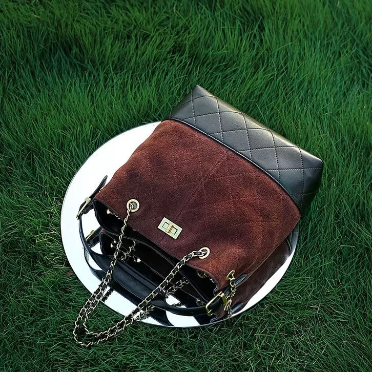 Suede Genuine Leather Color Block Chain Bucket Bag