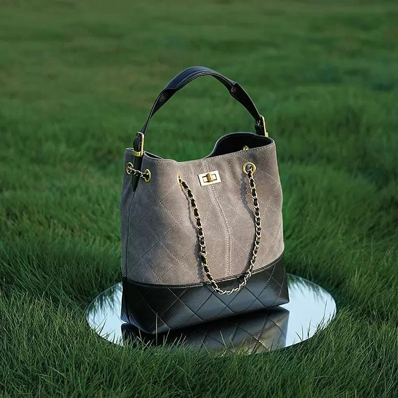Suede Genuine Leather Color Block Chain Bucket Bag