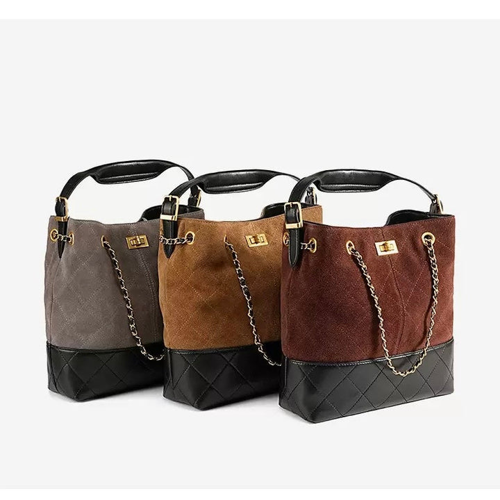 Suede Genuine Leather Color Block Chain Bucket Bag