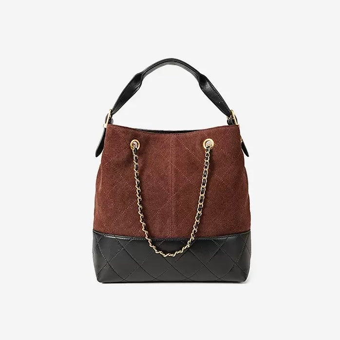 Suede Genuine Leather Color Block Chain Bucket Bag
