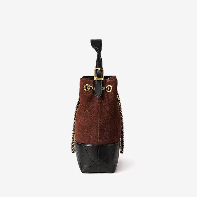 Suede Genuine Leather Color Block Chain Bucket Bag